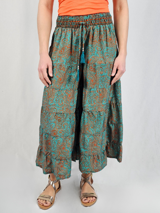 Pantalon fluide imprimé cachemire turquoise – AYANA