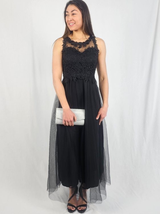 Robe longue en dentelle et tulle Noire - NALA