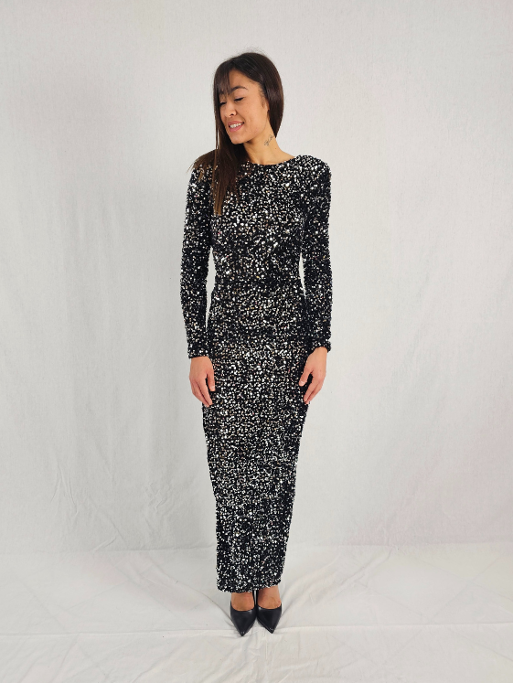 Robe longue noire sequin argenté à dos nu asymétrique NOEMIE