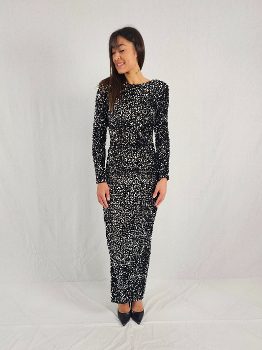 Robe longue noire sequin argenté à dos nu asymétrique NOEMIE