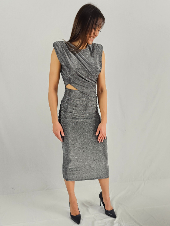 Robe mi-longue drapée argenté LOUANE