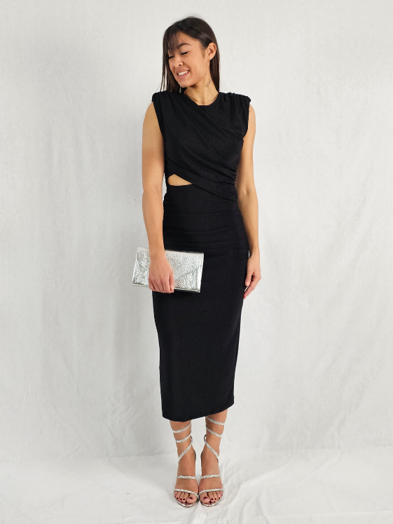 Robe mi-longue drapée noir LOUANE