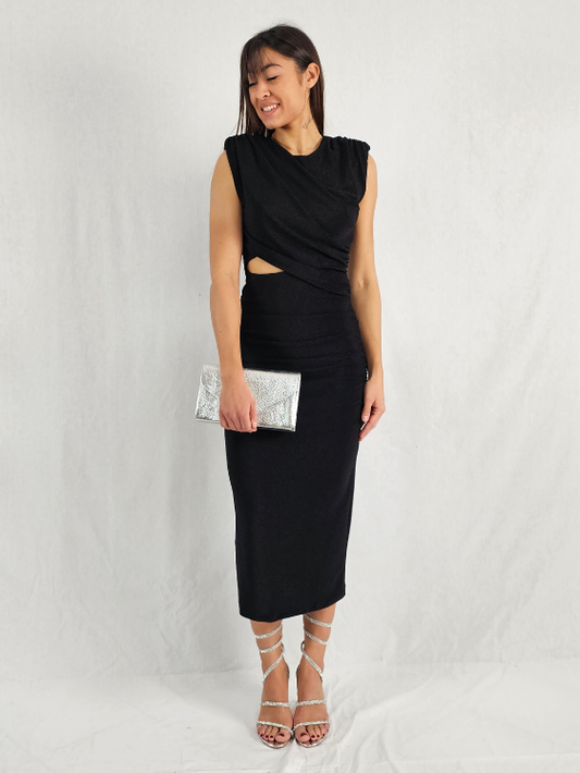 Robe mi-longue drapée noir LOUANE