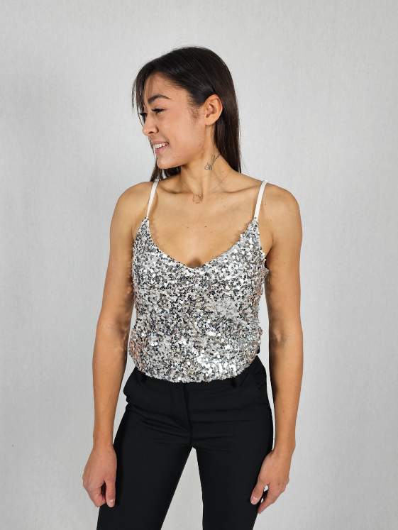 Top à bretelles fines sequins argenté ESTELLE
