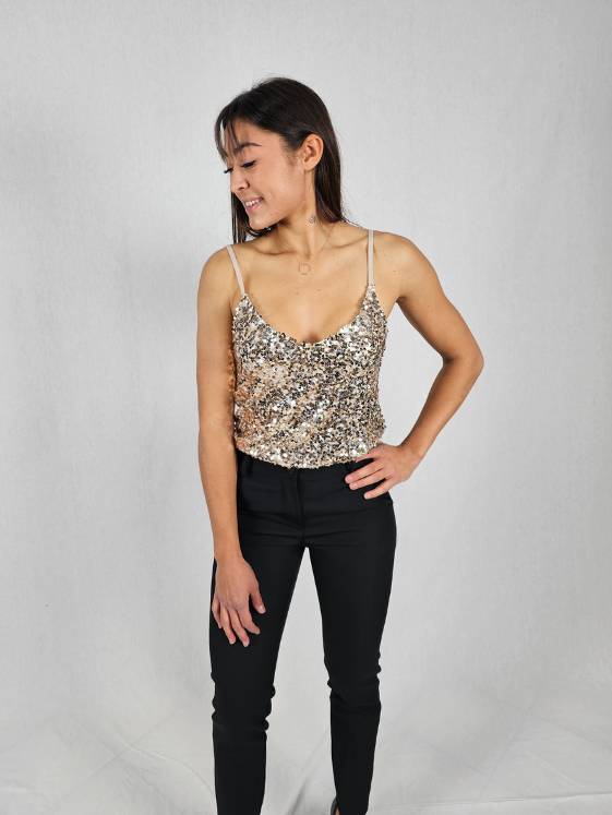 Top à bretelles fines sequins doré ESTELLE