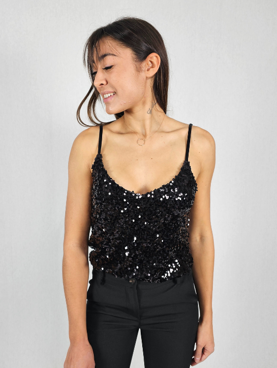 Top à bretelles fines sequins noir ESTELLE