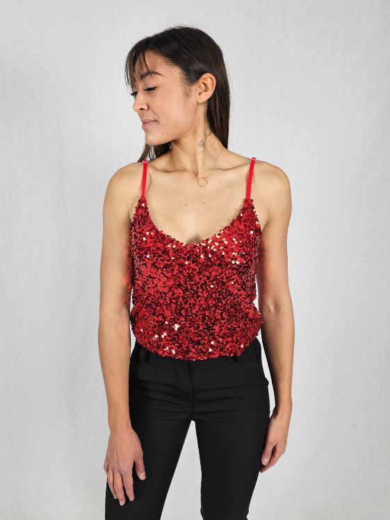 Top à bretelles fines sequins rouge ESTELLE