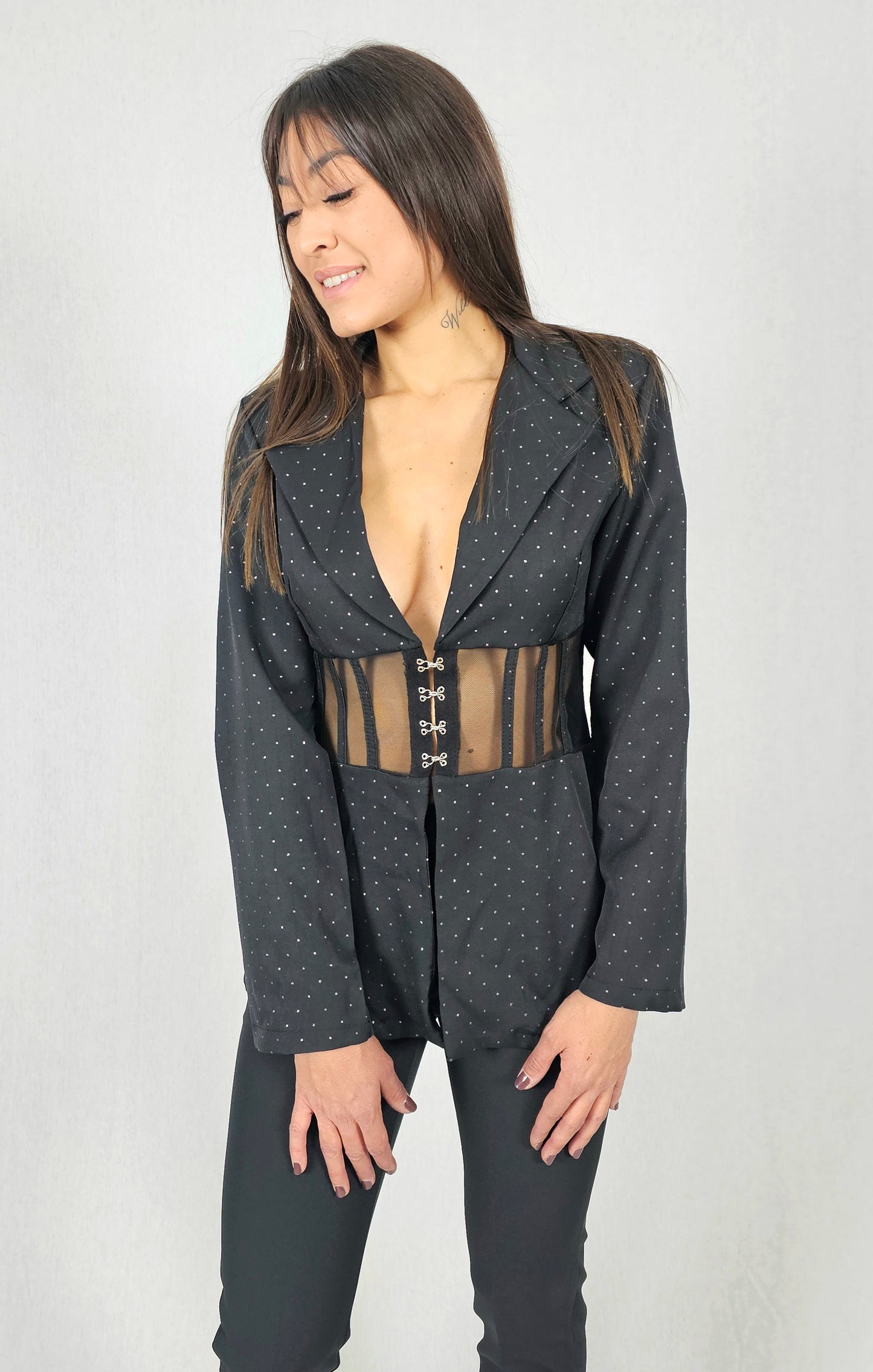 Veste noire à corset transparent à strass - LEONIE