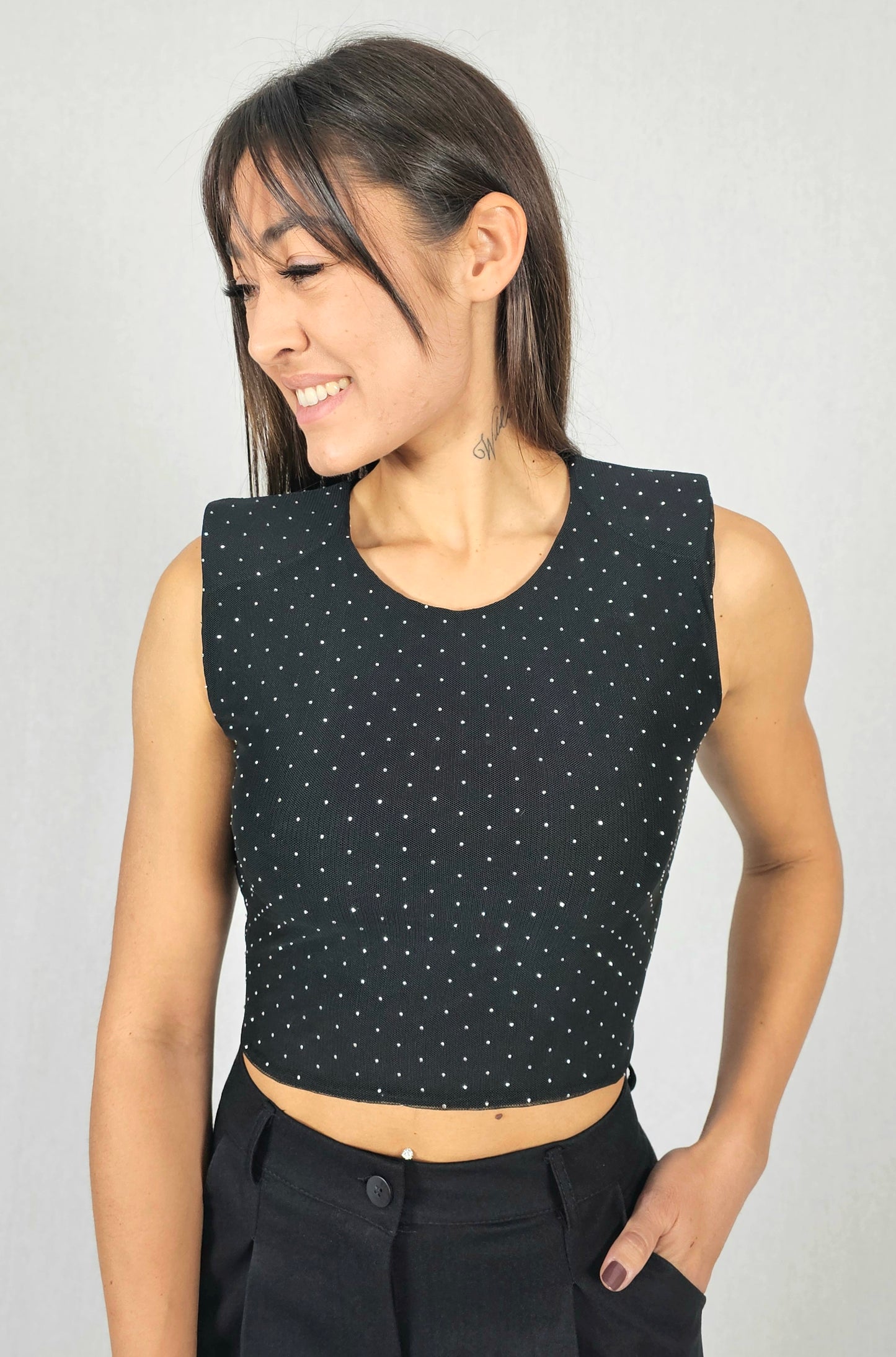 Crop top noir à strass - LUCY