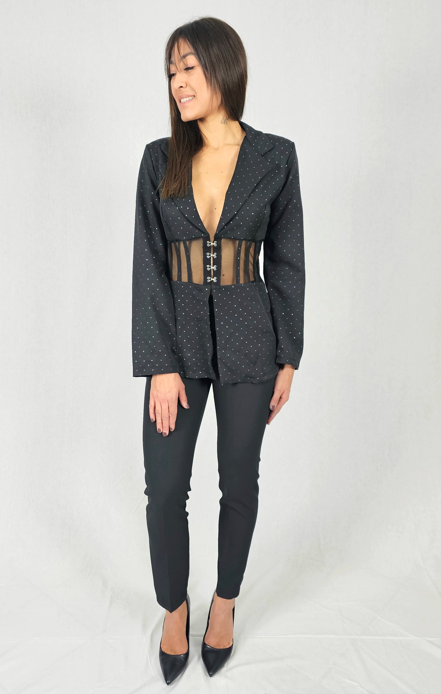 Veste noire à corset transparent à strass - LEONIE