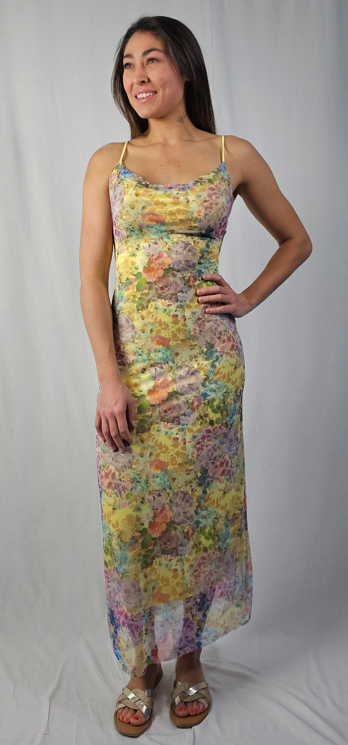 Robe longue à bretelles fines, imprimé fantaisie