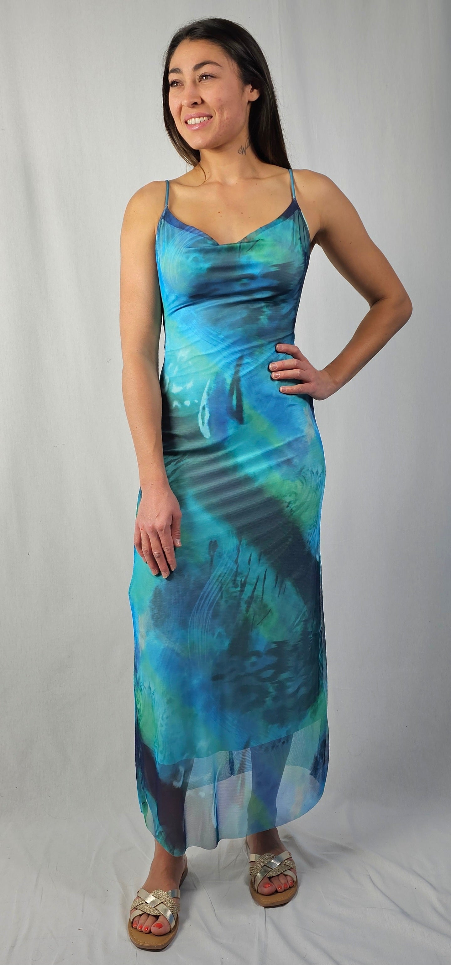 Robe longue à bretelles fines, imprimé fantaisie