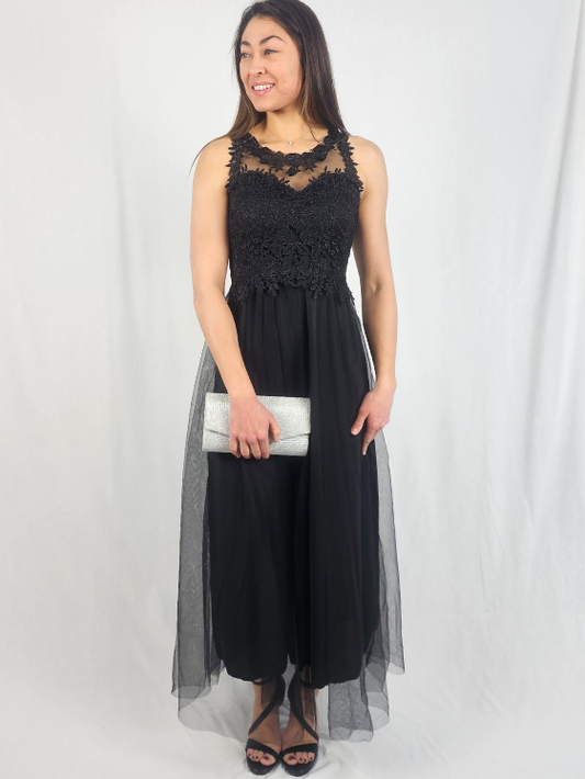 Robe longue en dentelle et tulle Noire - NALA
