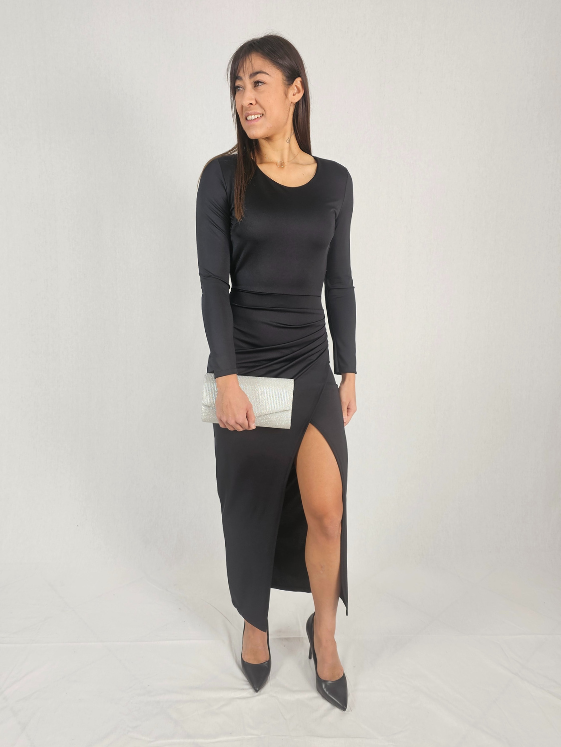 Robe longue en satin noir CLEMENCE