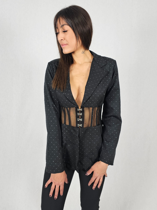 Veste noire à corset transparent à strass LEONIE